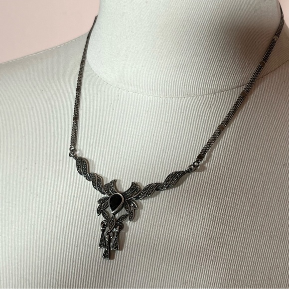 Antique Art Deco 1920's Sterling Silver Marcasite black Onyx Choker necklace - Picture 3 of 17